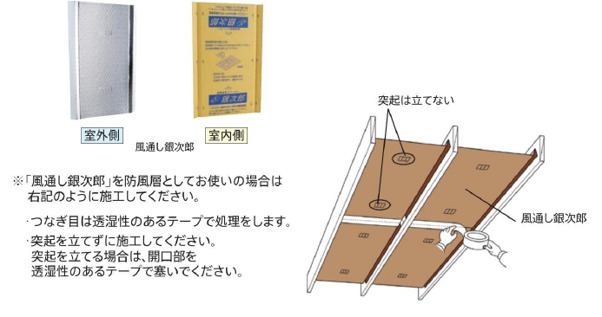 屋根の通気層を棟換気まで連続させる施工例を示す図