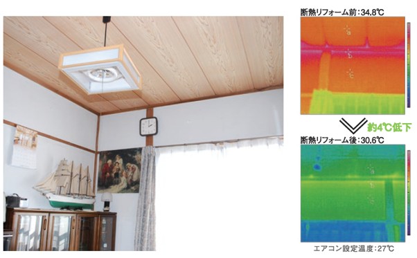 施工した和室の天井と、断熱リフォーム前後の天井表面温度のサーモグラフィー画像